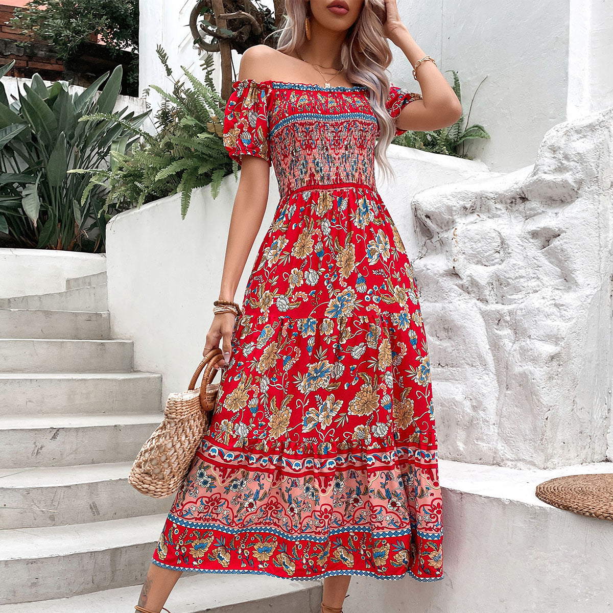 Femme Off-Shoulder Bohémien Maxi Robe Chic und Stil