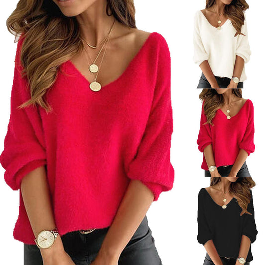 Dames Pull élégant à col en V en tricot doux Chic und Stil