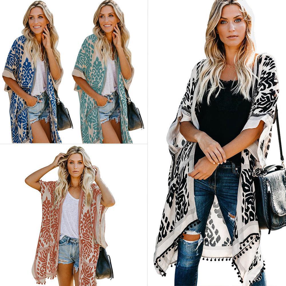 Dames Cardigan kimono léger avec motif élaboré et ourlet à franges Chic und Stil