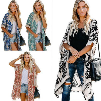 Dames Cardigan kimono léger avec motif élaboré et ourlet à franges Chic und Stil