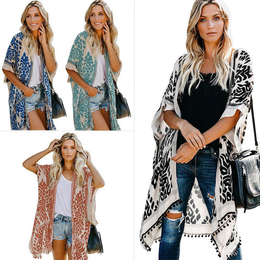Dames Cardigan kimono léger avec motif élaboré et ourlet à franges Chic und Stil