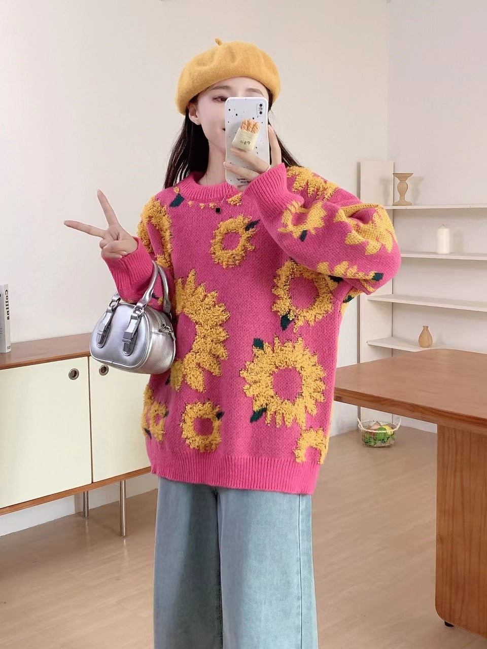 Thick knit pullover for ladies with floral appliqués Chic and Style