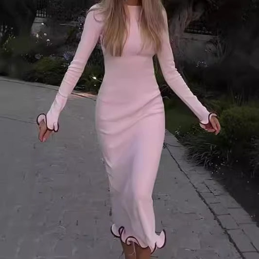 Dames Élégant Robe Midi à Manches Longues avec Ourlet Ludique Chic und Stil
