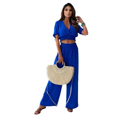 Chic and Style women's cropped smocking top set and wide pants