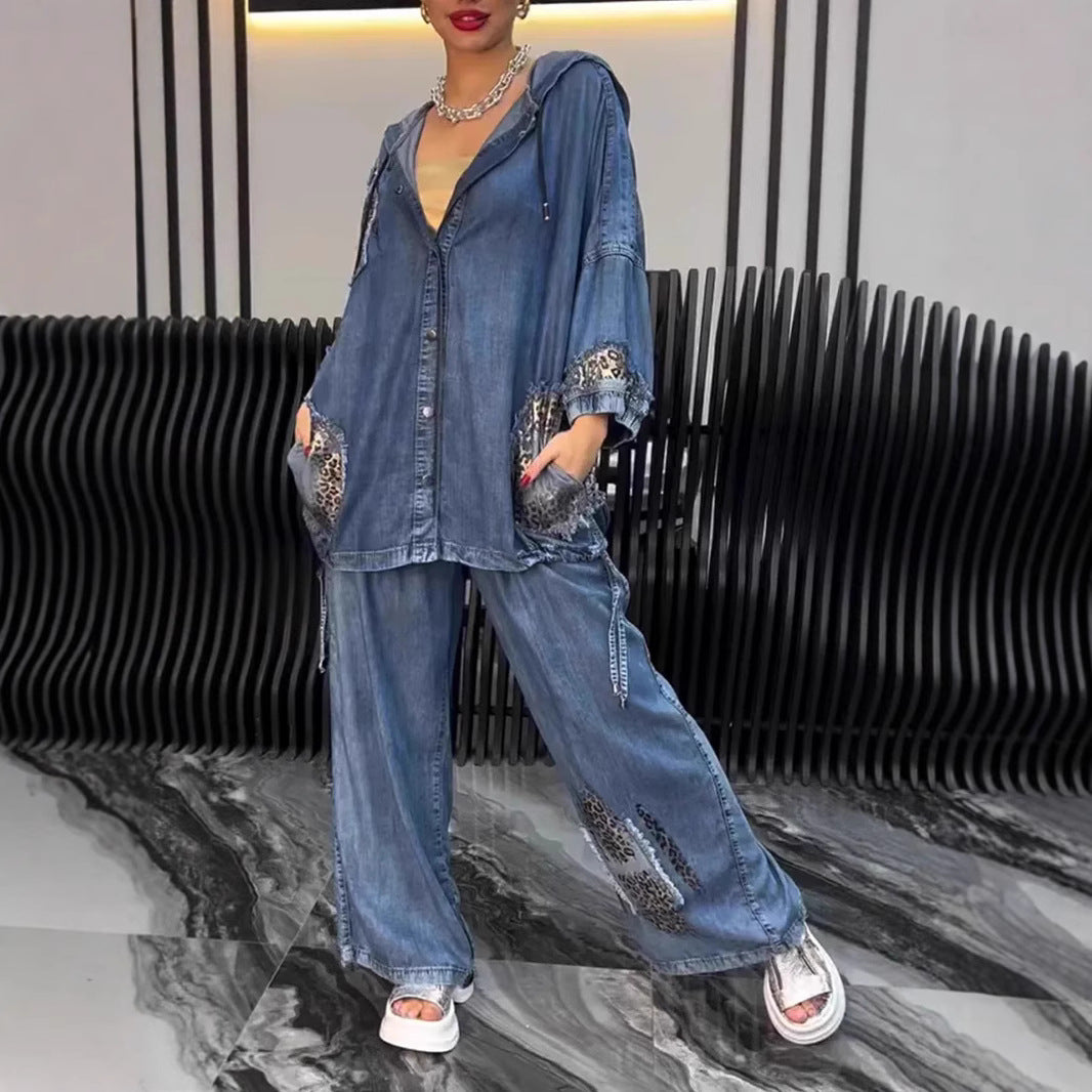 Fashionable women's jacket and pants set with chic animal print details