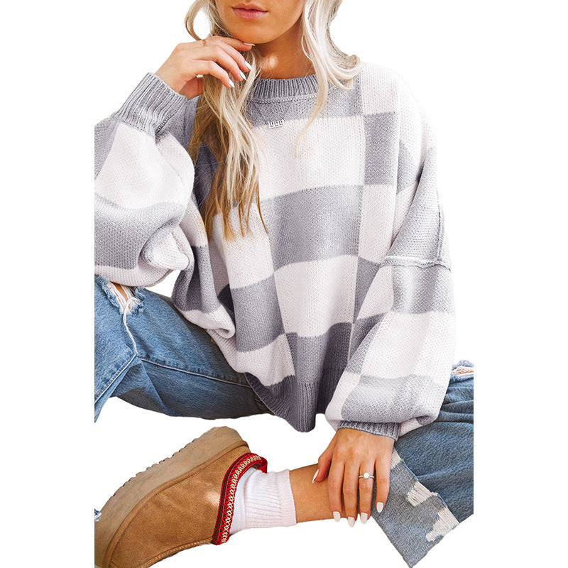 Pull oversized pour femmes à motif écossais et manches volumineuses Chic und Stil