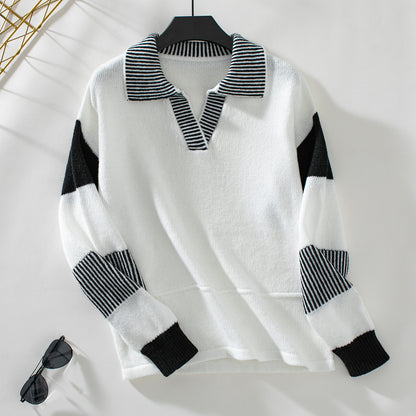 Pull féminin tendance avec col polo et rayures contrastées Chic und Stil