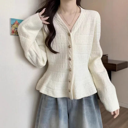 Dames élégant cardigan avec design texturé et manches bouffantes féminines Chic und Stil