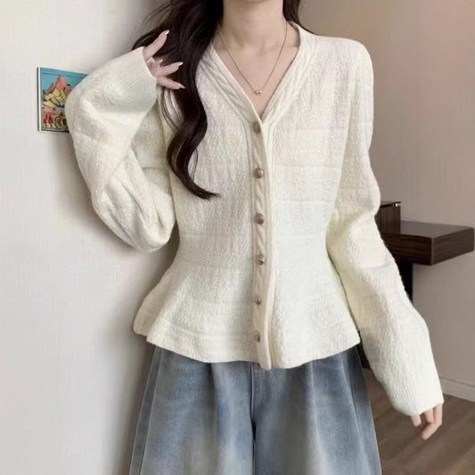 Dames élégant cardigan avec design texturé et manches bouffantes féminines Chic und Stil