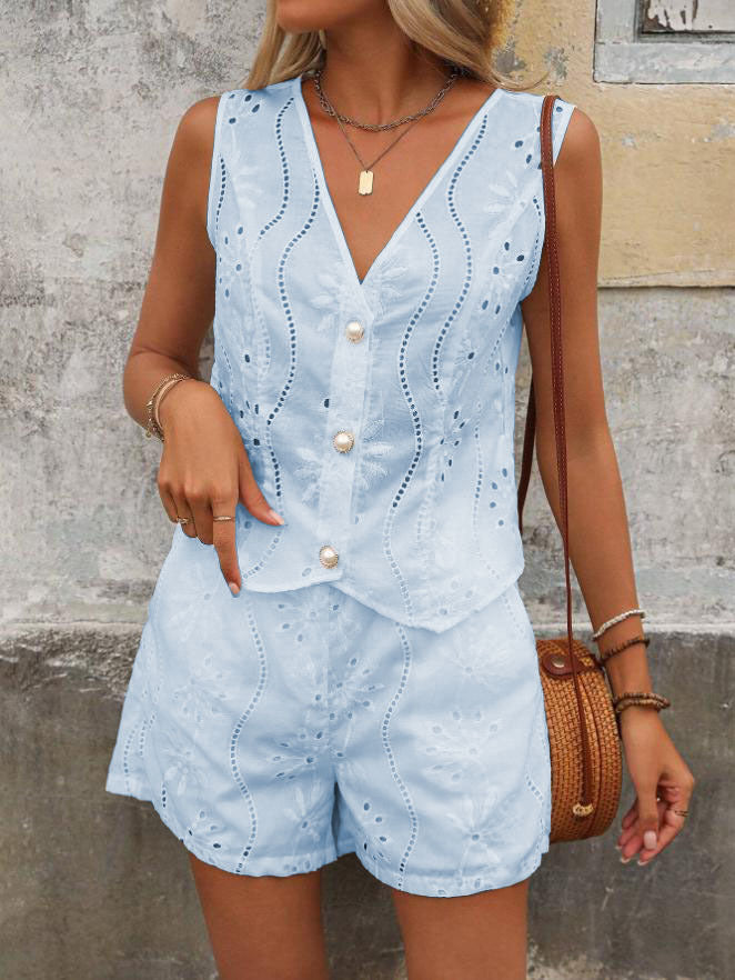 Embroidered eyelet blouse and shorts set for women Chic and Style