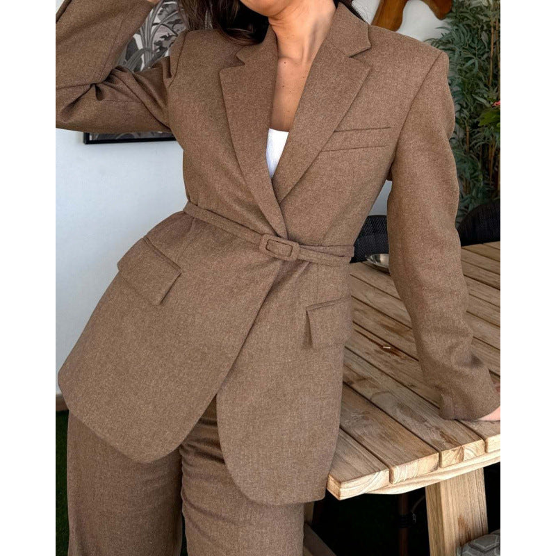 Women Elegant Blazer with Belt at the Waist and Practical Pockets Chic and Style