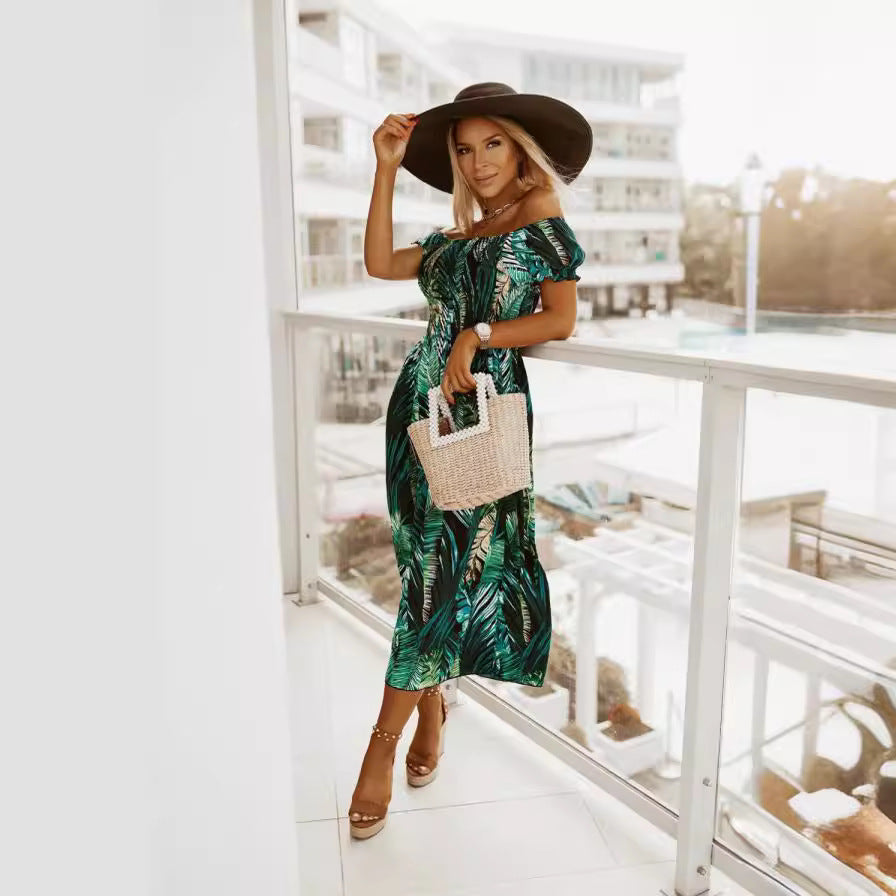 Robe maxi off-shoulder pour femmes avec des feuilles tropicales Chic und Stil