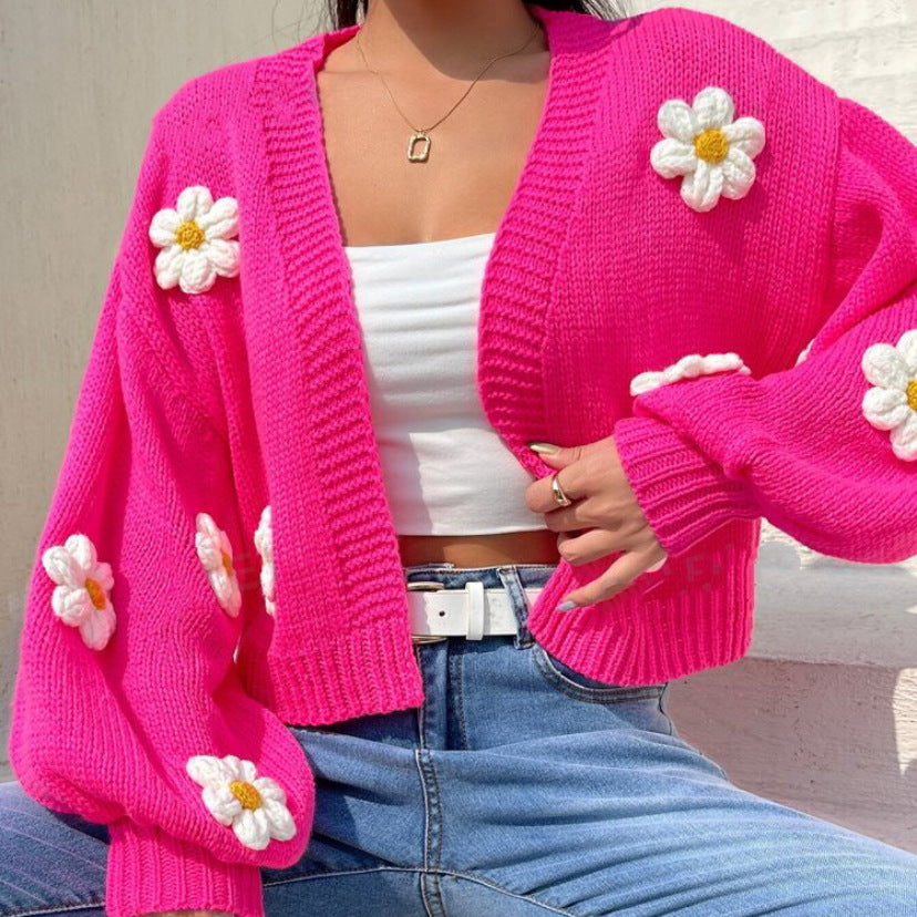 Cardigan court en tricot pour femmes avec un motif floral fantaisiste Chic und Stil