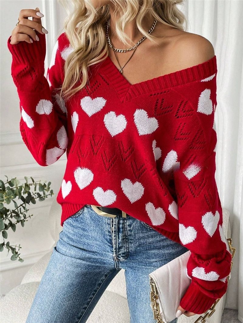 Pull femme en peluche avec motif en forme de cœur et décolleté en V Chic und Stil