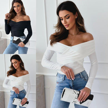 Dames Élégant haut croisé à design épaules nues et manches longues Chic und Stil