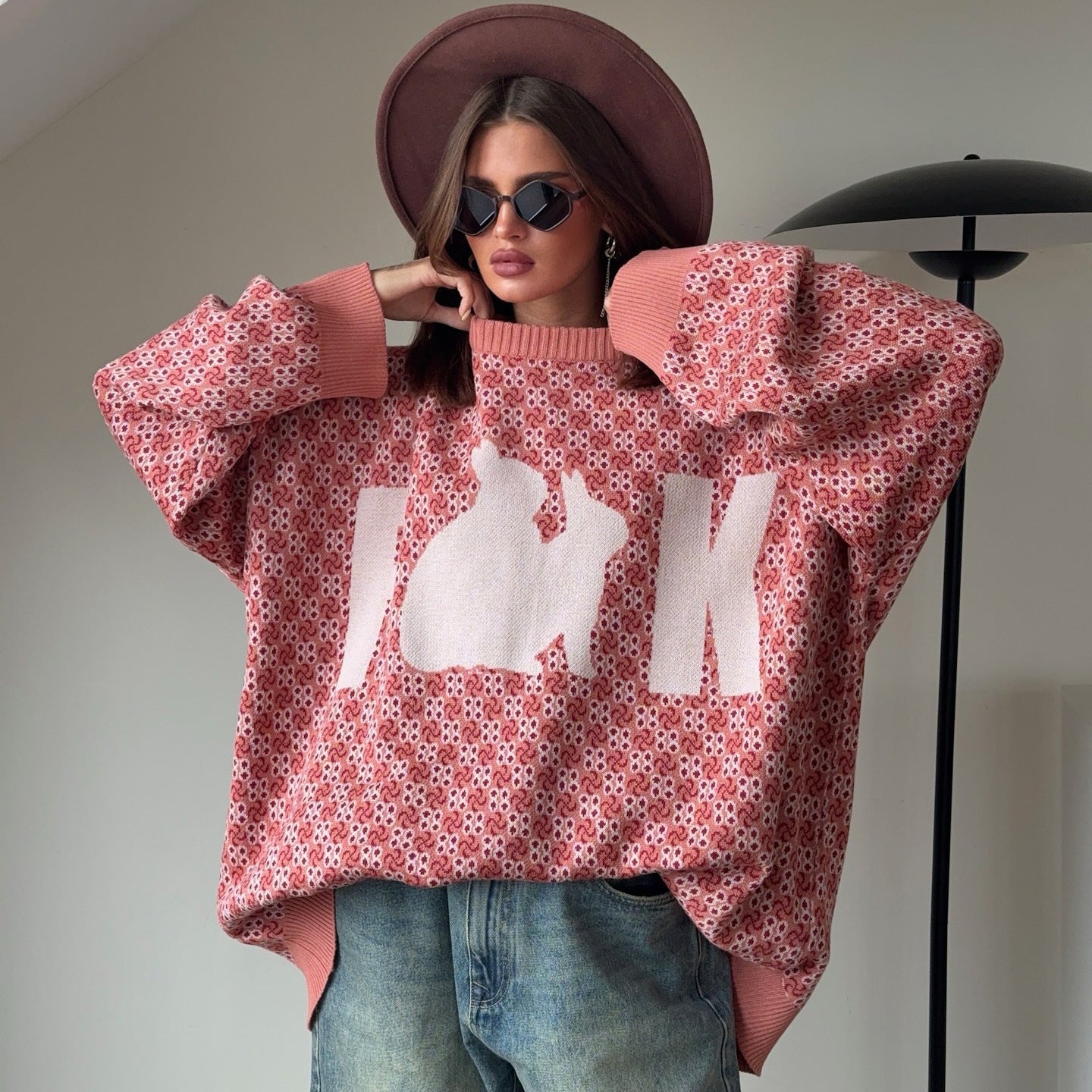 Pull en tricot surdimensionné pour femmes avec motif créatif Chic und Stil