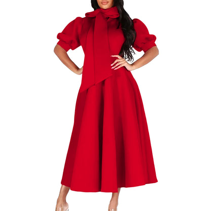 Dames Élégante Robe en A avec Col en Nœud et Manches Volantes Chic und Stil