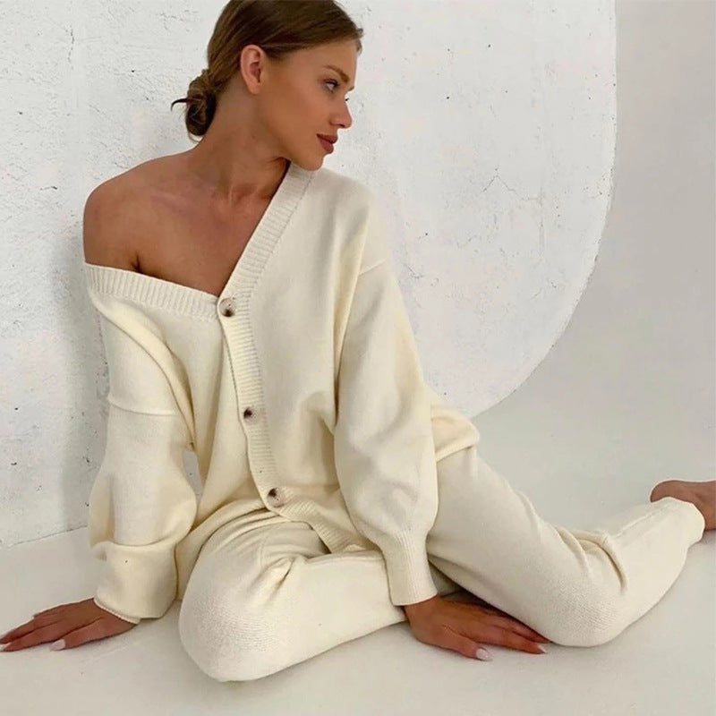 Dames Costume en Tricot Détendu avec Décolleté en V et Détail de Bouton Chic und Stil