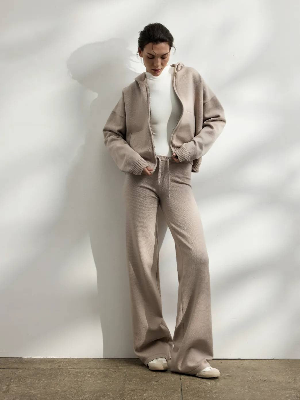 Casual knit outfit for women with hoodie jacket and comfortable palazzo pants Chic and Style