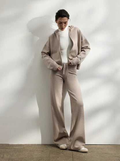 Casual knit outfit for women with hoodie jacket and comfortable palazzo pants Chic and Style