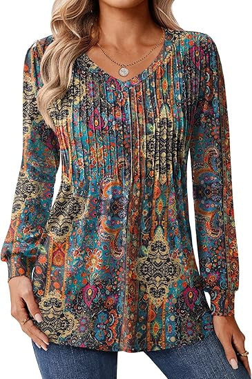 Blouse à manches longues pour femmes avec décolleté en V et dégradé de couleurs artistique Chic und Stil