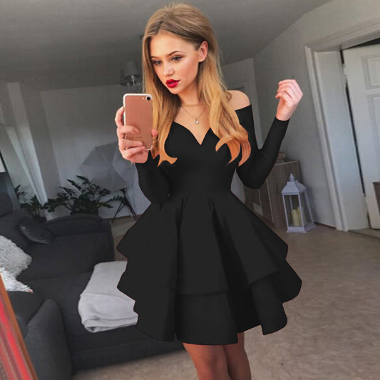 Femmes Robe de cocktail ludique sans épaules avec volants et décolleté en V profond Chic und Stil