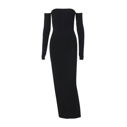 Dames Élégante robe longue avec design sans épaules et manches longues Chic und Stil