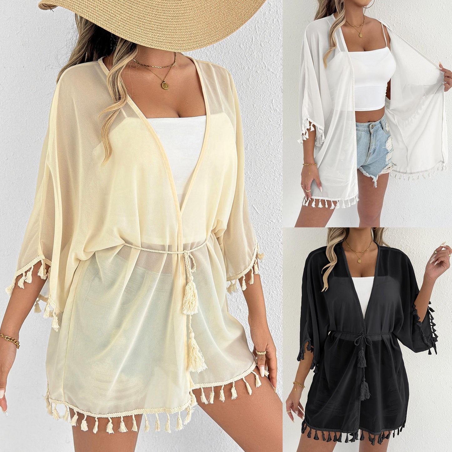 Ladies Light Fringes-Border Beach-Kimono Chic and Style