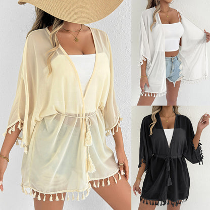 Ladies Light Fringes-Border Beach-Kimono Chic and Style
