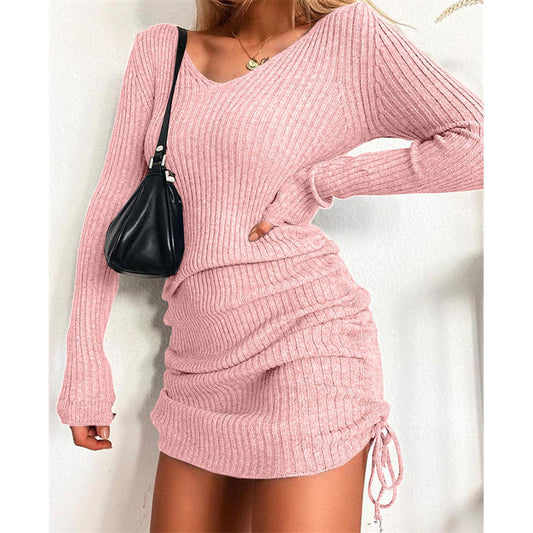 Robe en tricot côtelé pour femmes avec décolleté V profond et ruché réglable Chic und Stil