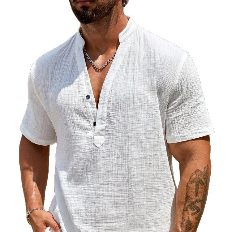 Chemise Henley à manches courtes pour hommes avec col montant moderne en matériau coton léger Chic und Stil