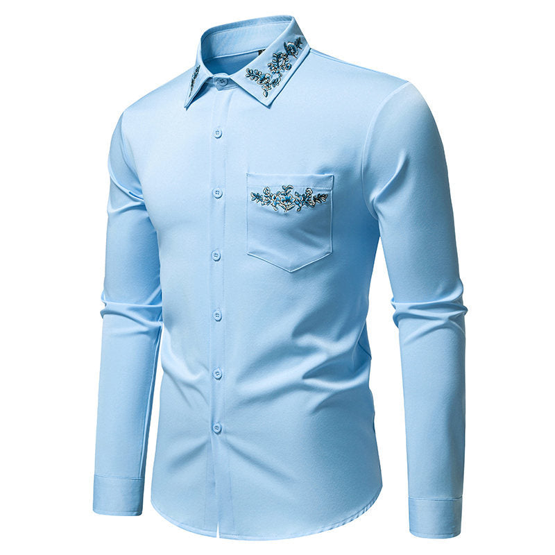 Chemise à manches longues pour hommes avec une élégante broderie florale et un col moderne Chic und Stil