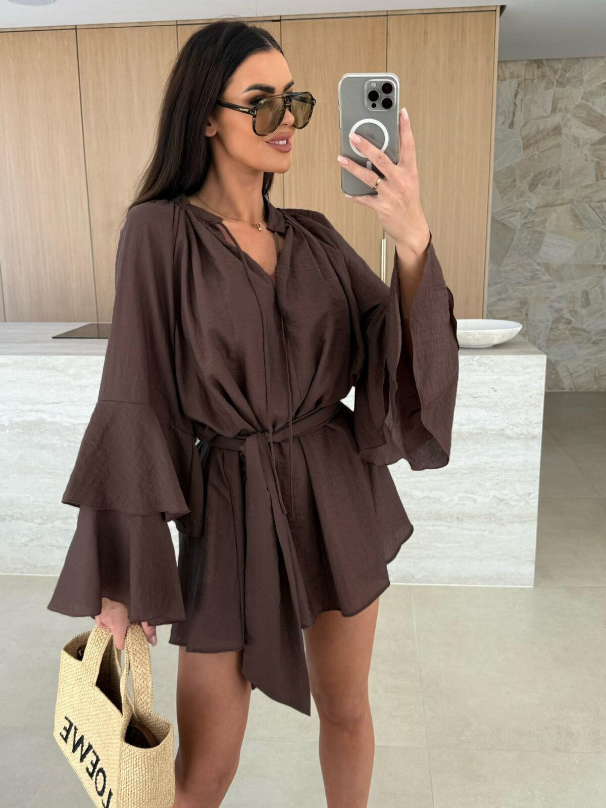 Dames Robe Mini À Manches Cloche Chic und Stil