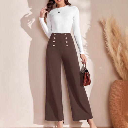 High-waisted wide-leg pants for women with decorative buttons Chic and Style