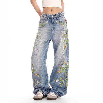 Dames brodé large Denim jeans Chic und Stil