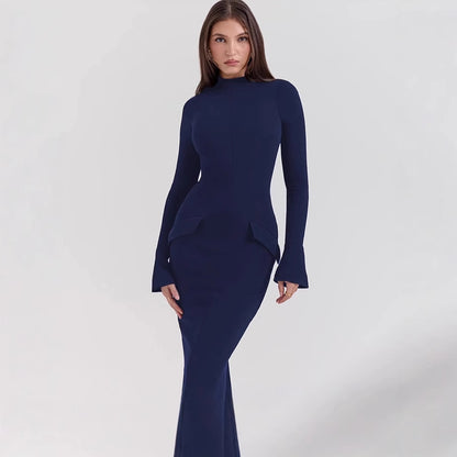 Femme Robe longue élégante et ajustée à manches longues avec un design moderne Chic und Stil