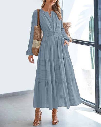 Robe maxi pour femmes avec des manches élégantes et un élastique à la taille raffiné Chic und Stil