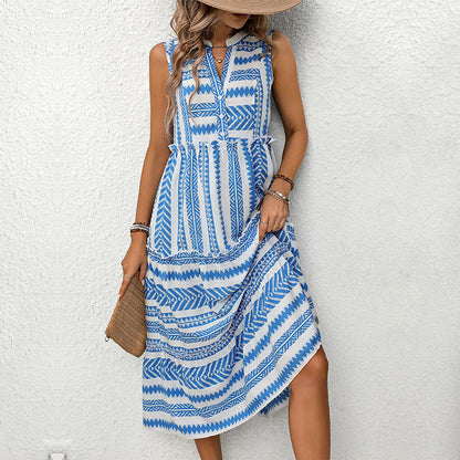 Robe mi-longue sans manches élégante pour femme avec imprimé géométrique et détails de bouton Chic und Stil