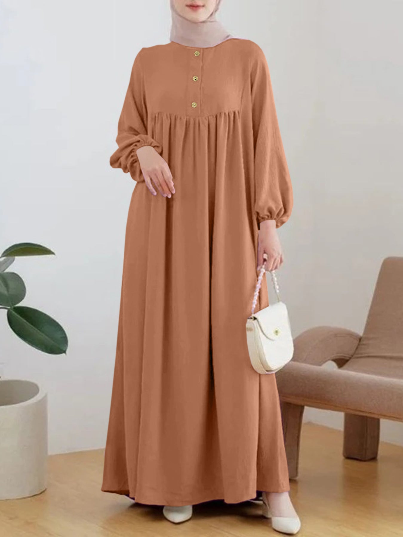 Robe maxi légère pour femme avec boutonnage confortable et élégantes manches bouffantes Chic und Stil