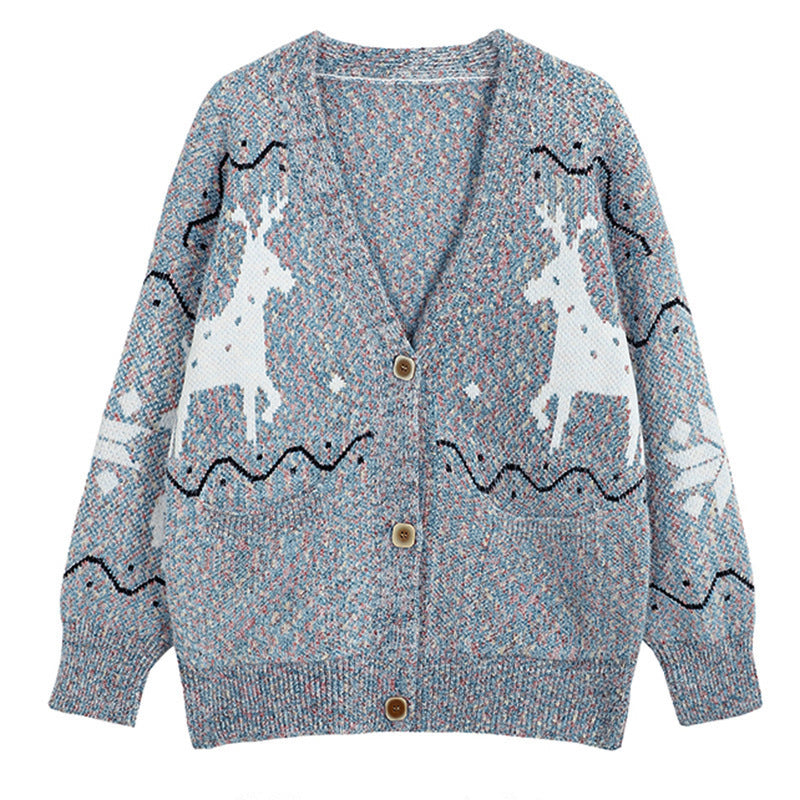 Ladies Comfortable Pullover with Reindeer Pattern and Pockets Chic and Style