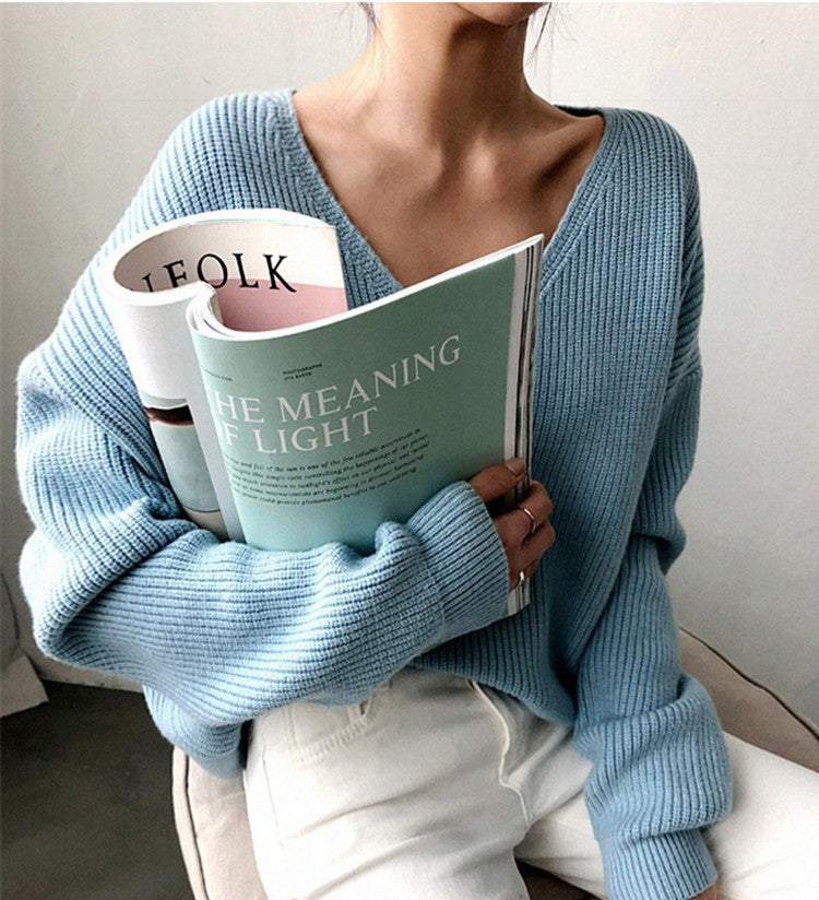Pull femme en maille épaisse à col en V avec coupe décontractée et manches volumineuses Chic und Stil