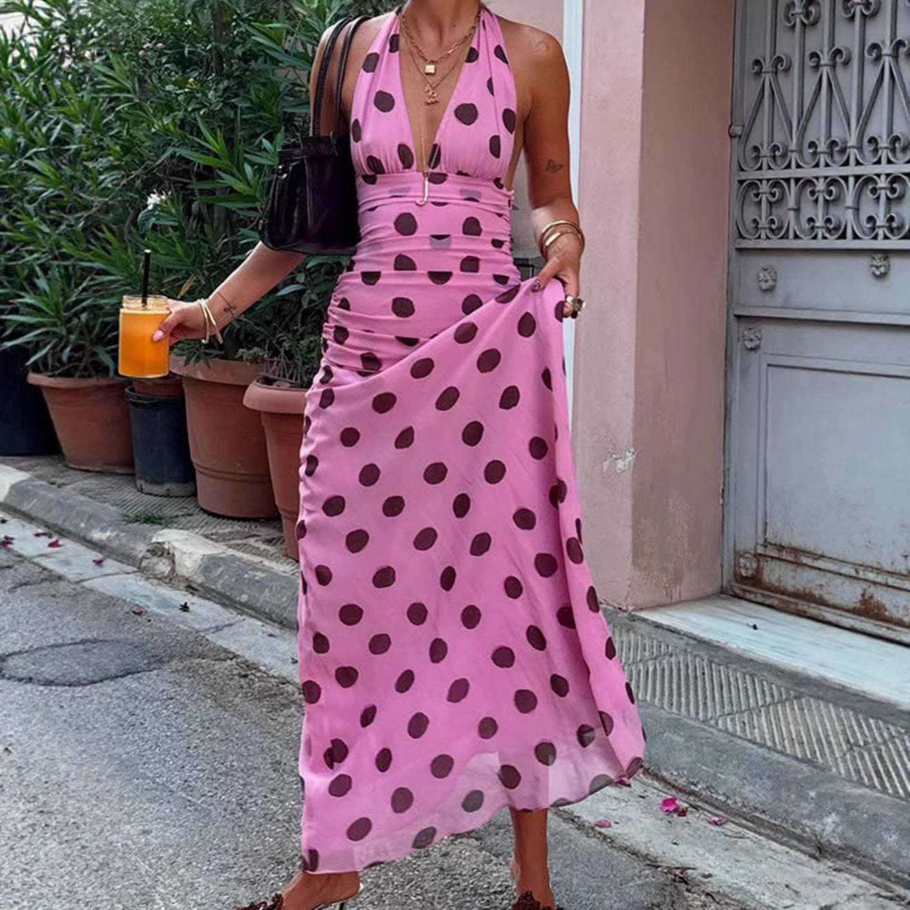 Femme Robe maxi élégante à pois et décolleté en V profond Chic und Stil