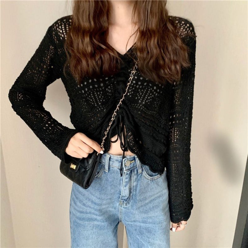Pull en crochet aéré pour femmes avec cordon de serrage et coupe large Chic und Stil