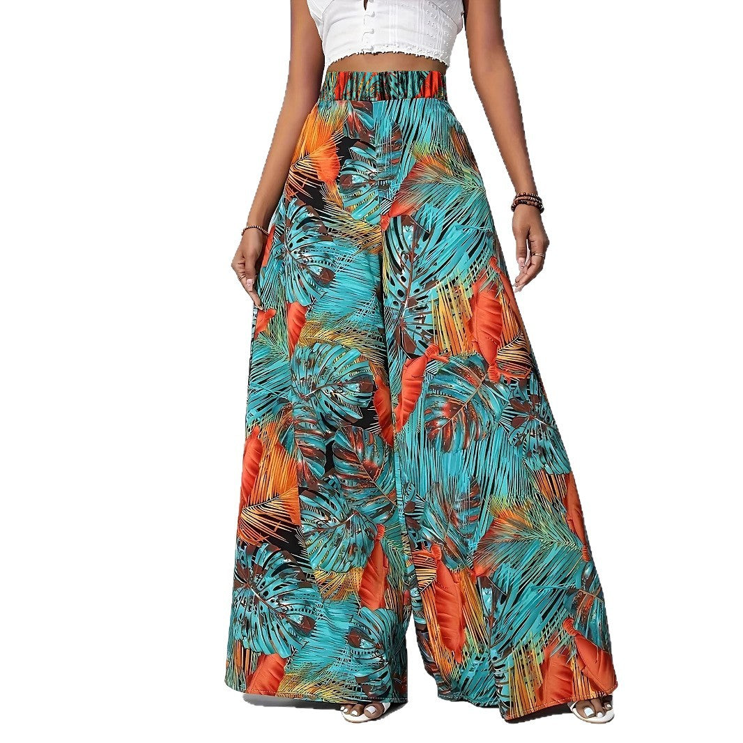 Palazzo Pants for Women with a Lively Palm Pattern and an Elastic High Waist Chic and Style