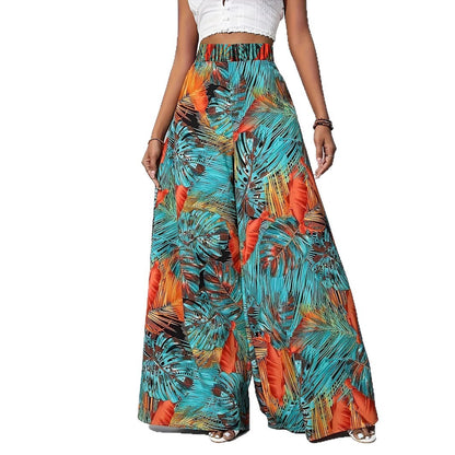 Palazzo Pants for Women with a Lively Palm Pattern and an Elastic High Waist Chic and Style