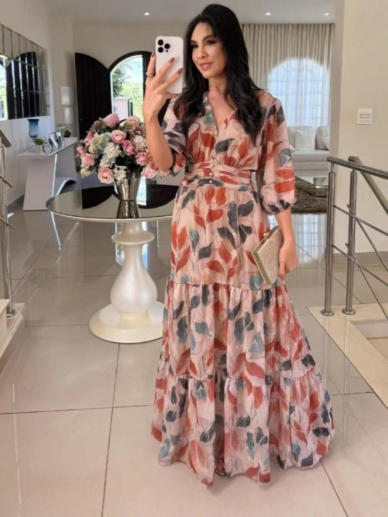 Robe maxi pour femmes avec décolleté en V décontracté, ceinture à la taille et manches volumineuses Chic und Stil