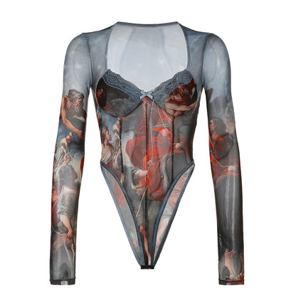 Dames Bodys transparents avec impression artistique Chic und Stil