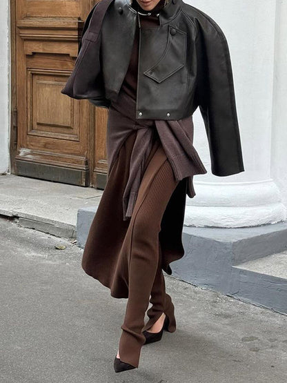 Ladies Elegant Leather Jacket with Textured Design and Asymmetrical Cut Chic and Style