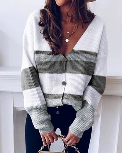 Cardigan en tricot à la mode pour femmes avec décolleté en V et bandes de couleur tendance Chic und Stil