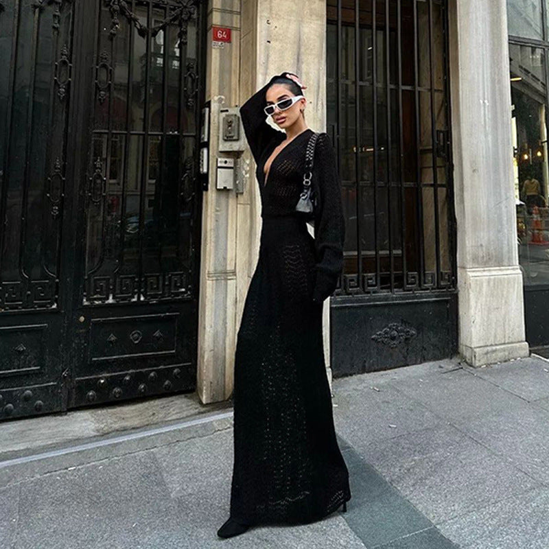Robe maxi élégante en crochet pour femmes avec décolleté en V profond et design côtelé Chic und Stil